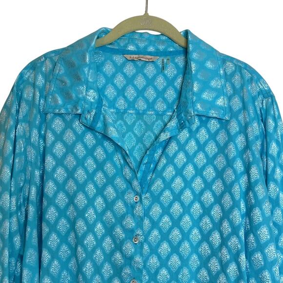 Soft Surroundings Womens 2X Blouse Turquoise Blue Button Front Embroidered - Picture 2 of 5